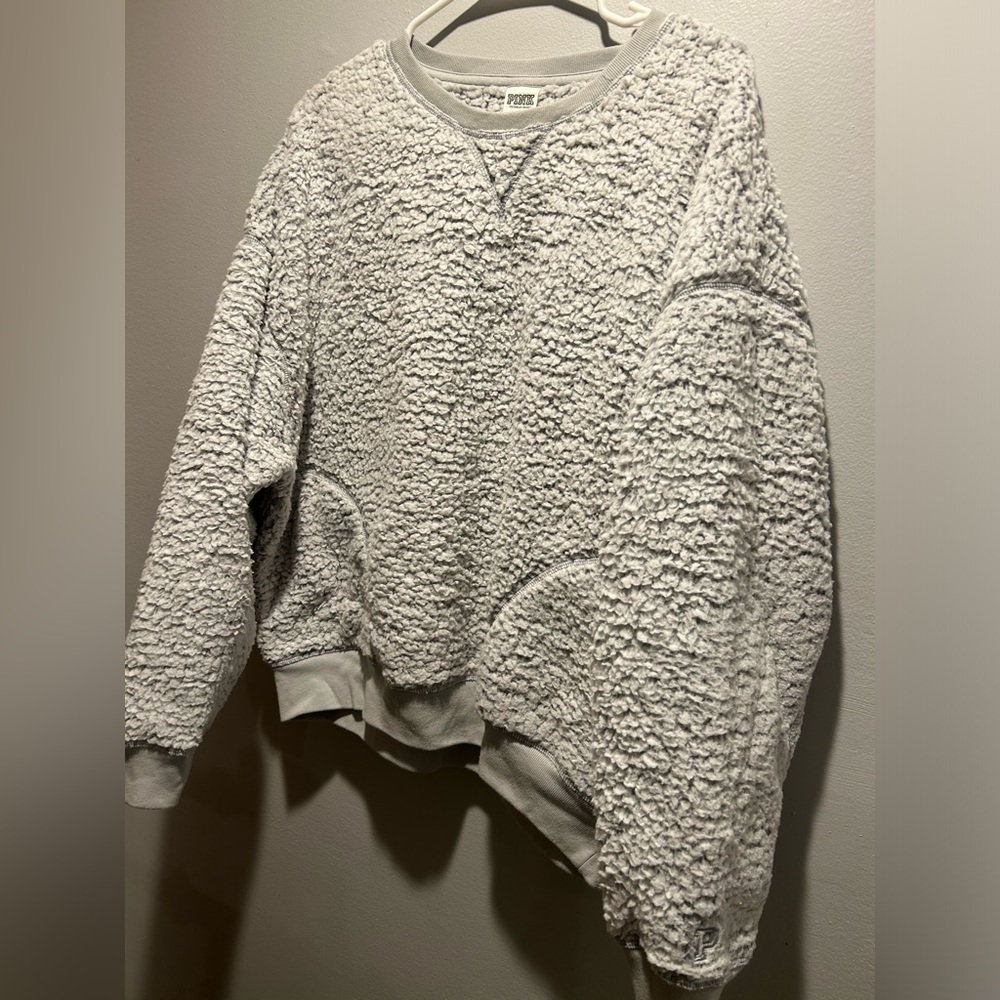 Victoria Secret PINK Sherpa Crewneck Sweatshirt Women Pullover Gray Large